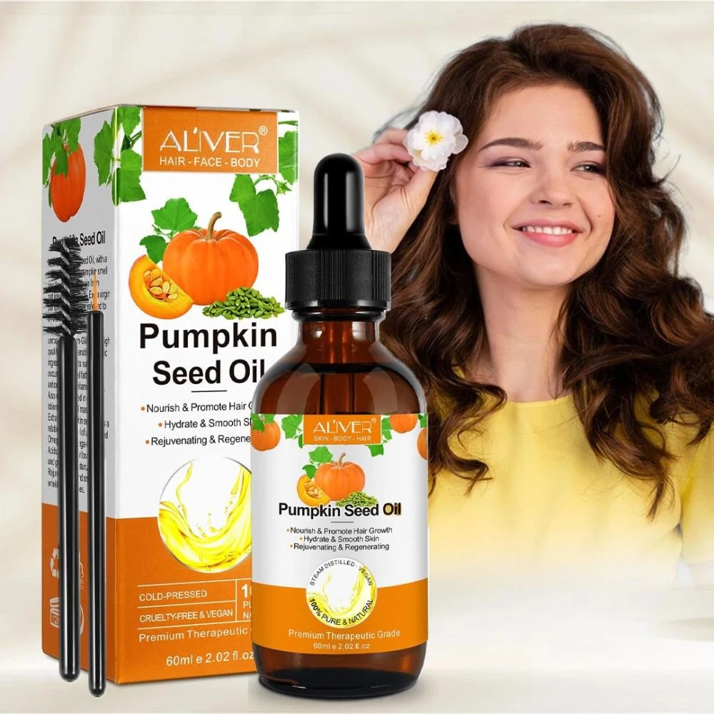 زيت بذور اليقطين لتعزيز نمو الشعر وترطيب البشرة - ALIVER 100% Pure Cold Pressed Moisturizer Smooth Skin Organic Pumpkin Seed Oil Boost Hair Growth for Eyelashes,Eyebrows &amp; Hair
