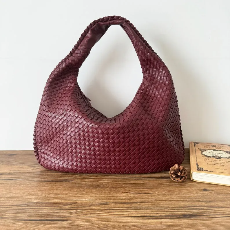 Hand Woven Bag, Vegan Leather Women Tote Bag, Women Shoulder Bag Handbag, Large Capacity Slouchy Hobo Travel Work Daily Bag Weekend Bag Gift