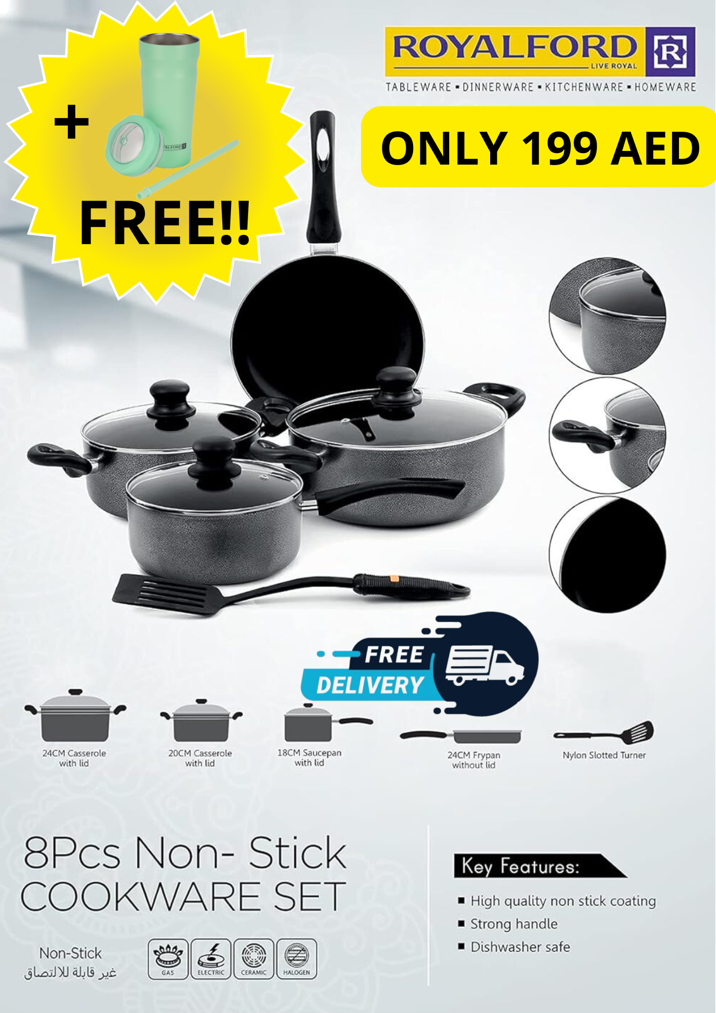 طقم أواني طهي رويال فورد غير لاصقة، 8 قطع،Royalford 8Pcs Non-Stick Cookware Set RF499