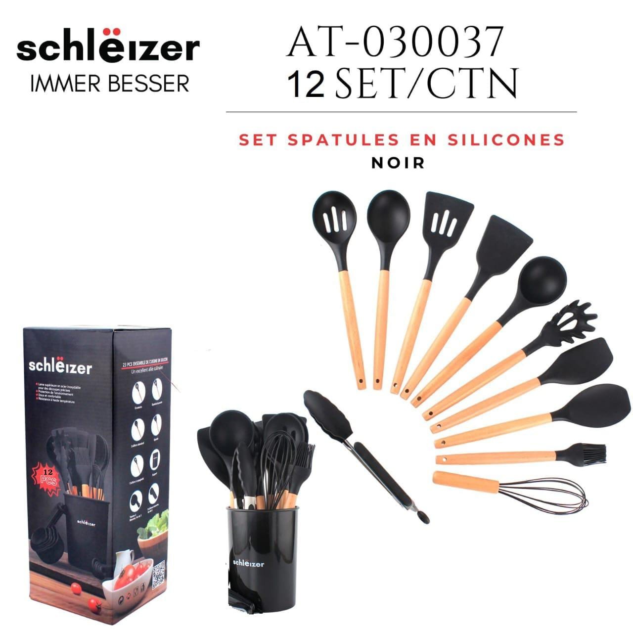 طقم أدوات مطبخ من السيليكون والخشب من Schleizer - 12 قطعة باللون الأسود