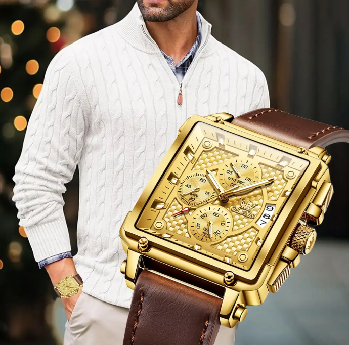 ساعة olevs رجالية فاخرة بتصميم مربع ذهبي وسوار جلدي أنيق