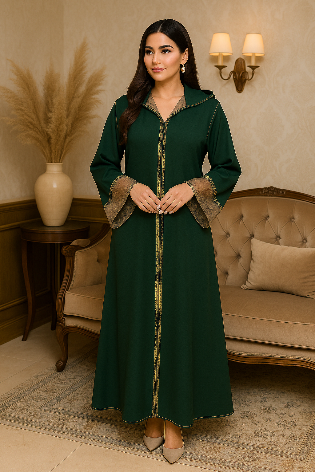 Djellaba verte femme 2025 – Tissu fluide avec broderies dorées – ArtDjellaba Marrakech