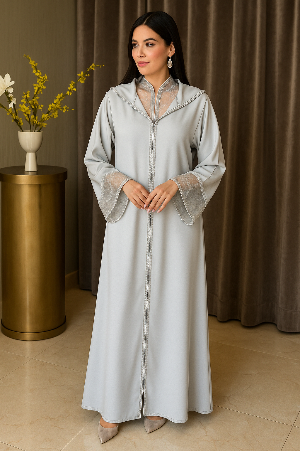 Djellaba Marocaine Élégante – Broderie Fine et Dentelle de Luxe