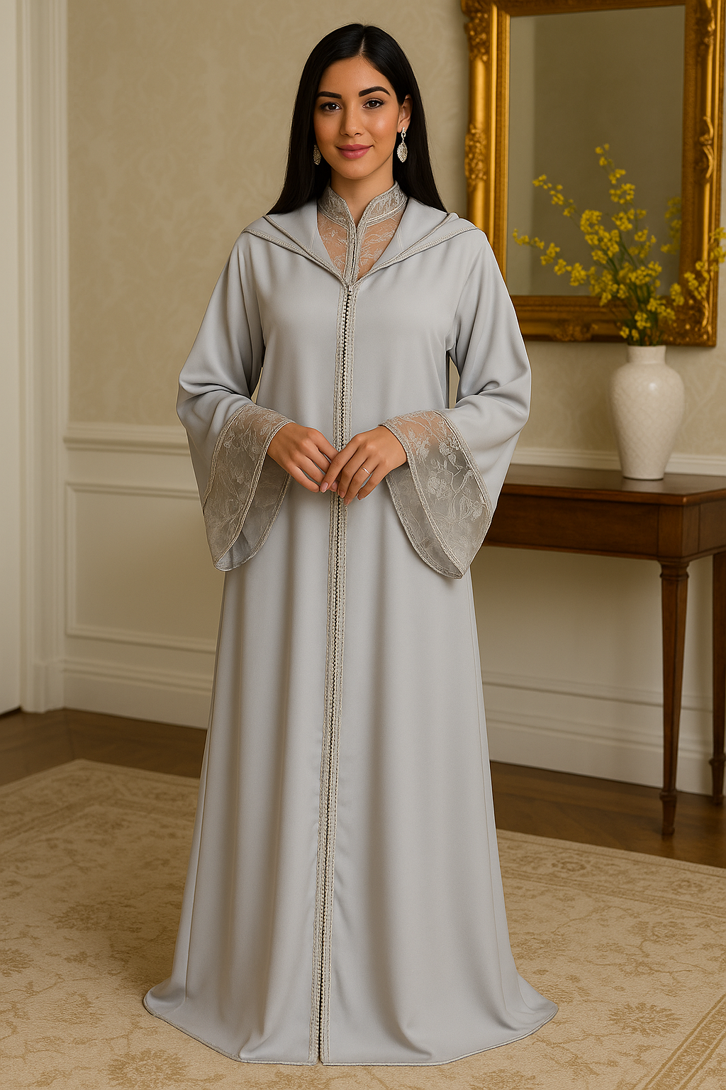Djellaba Femme Luxe Gris Perle – Caftan Moderne à Dentelle et Capuche | ArtDjellaba