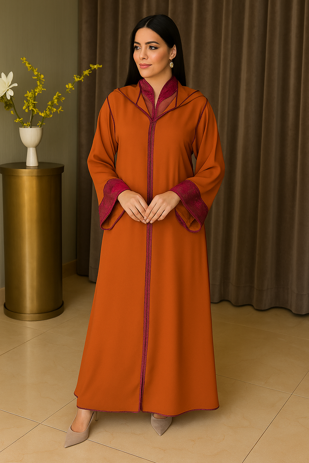 Djellaba Marocaine Femme – Élégance Rose Poudré & Broderie Fait Main