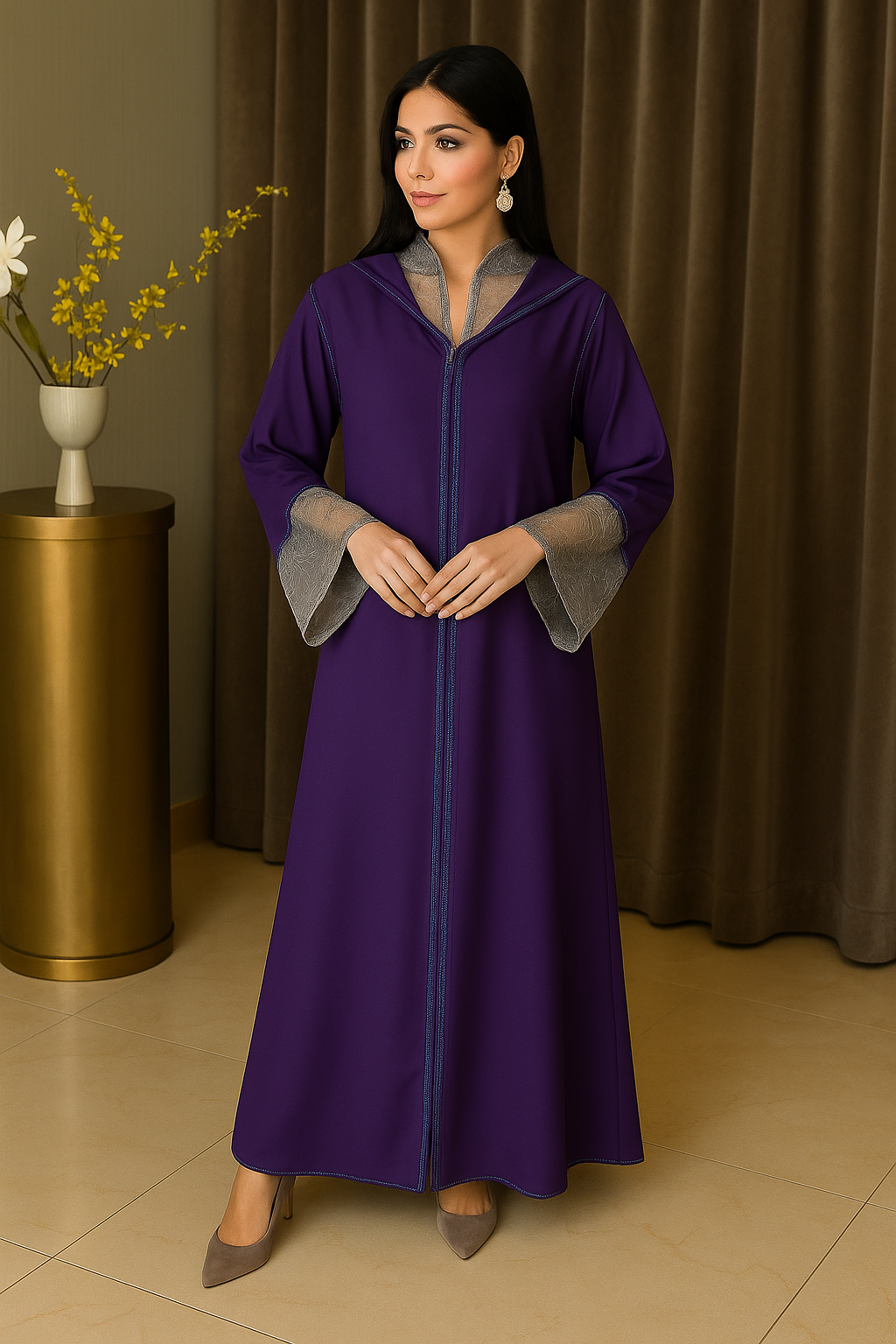 Djellaba Marocaine Femme – Bleu Royal & Finitions de Luxe Fait Main