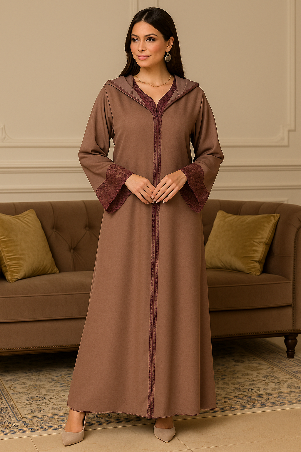 Djellaba moderne femme 2025 – Tissu fluide chocolat avec broderie bordeaux – ArtDjellaba