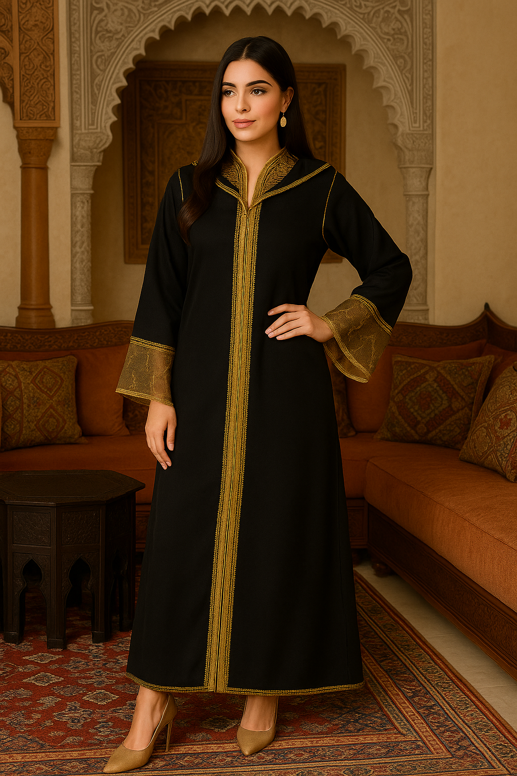 Djellaba noire femme 2025 – Broderies dorées artisanales – ArtDjellaba MAROC