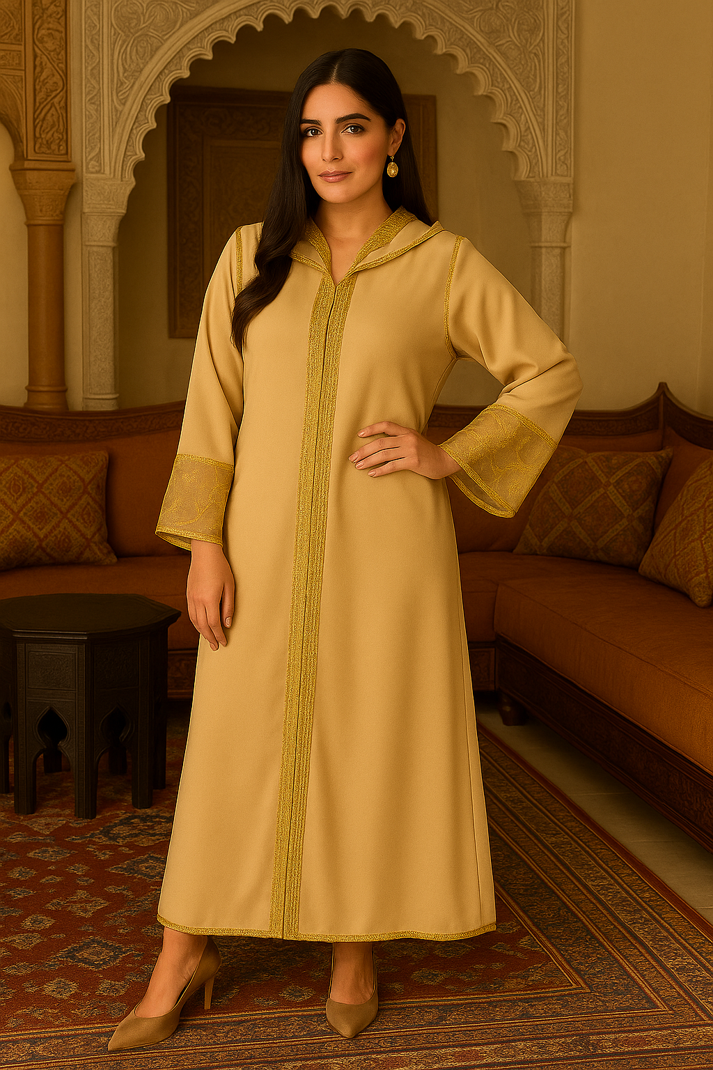 Djellaba femme beige doré 2025 – Élégance artisanale marocaine – ArtDjellaba MAROC