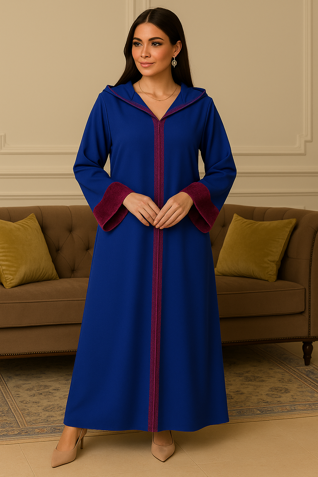 Djellaba bleu royal femme 2025 – Finitions bordeaux chic – ArtDjellaba Marrakech
