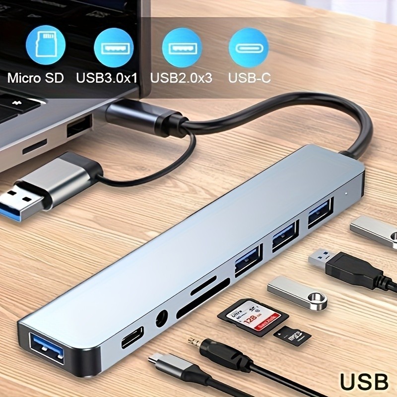 8-in-1 USB Hub with Audio Jack, Multi-Port Adapter for Tablets