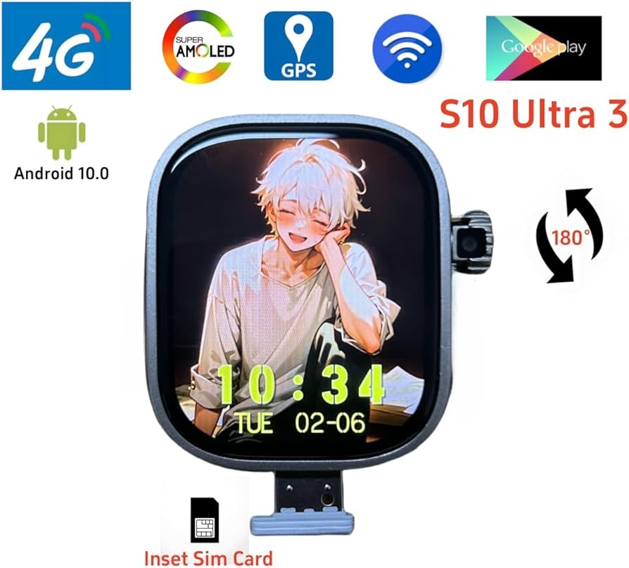 S10 Ultra 3 Smart Watch 2.2 inch Curved Amoled Screen 180° Rotary Camera Play Store Global Version Smartwatch GPS WIFI Sim Card (Black,4GB 128GB)