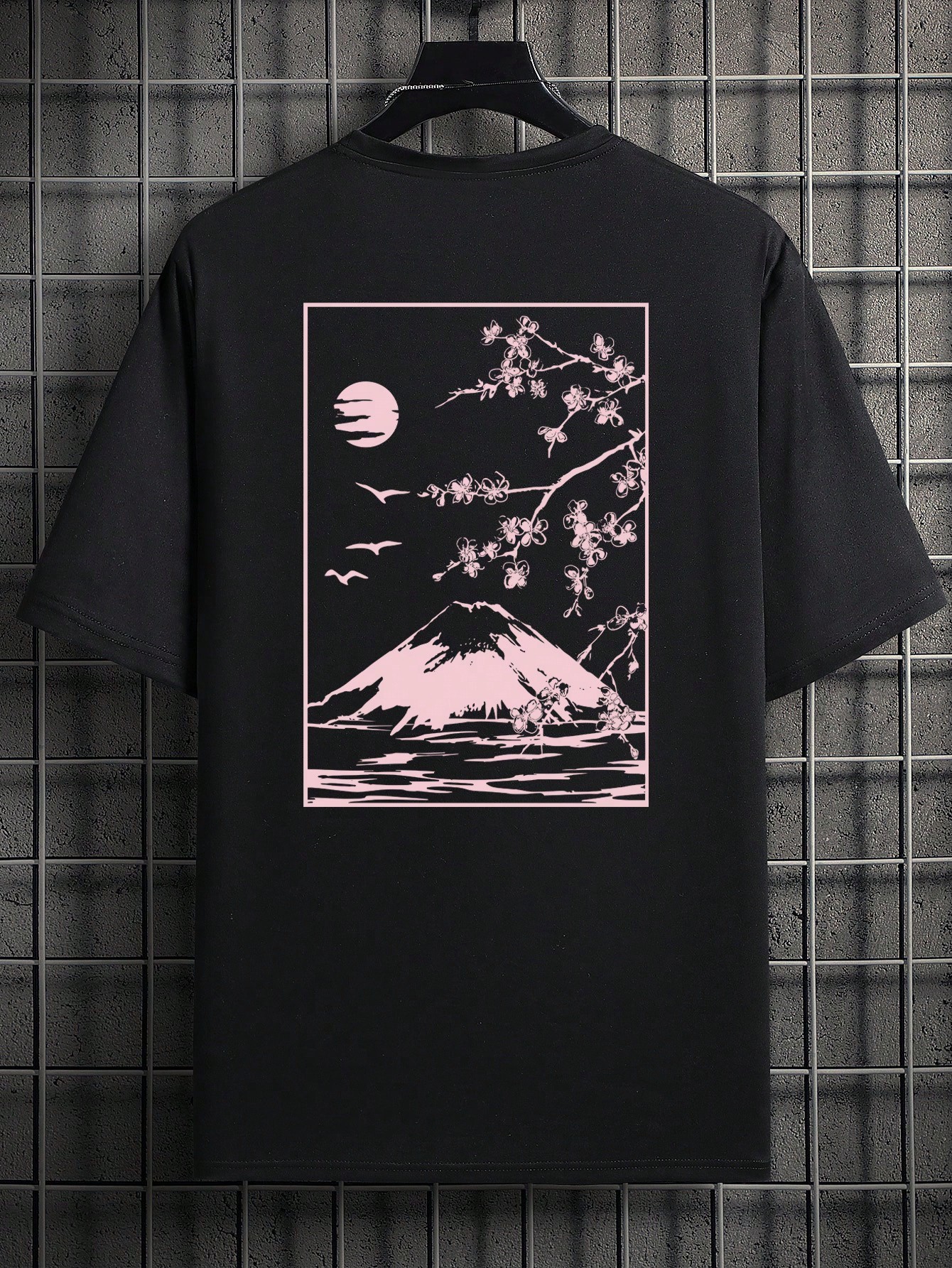 T-shirt Oversize Noire  Mt.Fuji And Cherry Blossom Printed