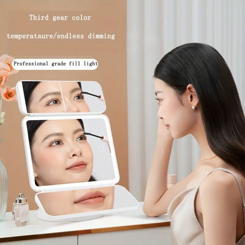 💄 مرآة مكياج LED ثلاثية الطي – أناقة، إضاءة، ودقة في كل لمسة! ✨