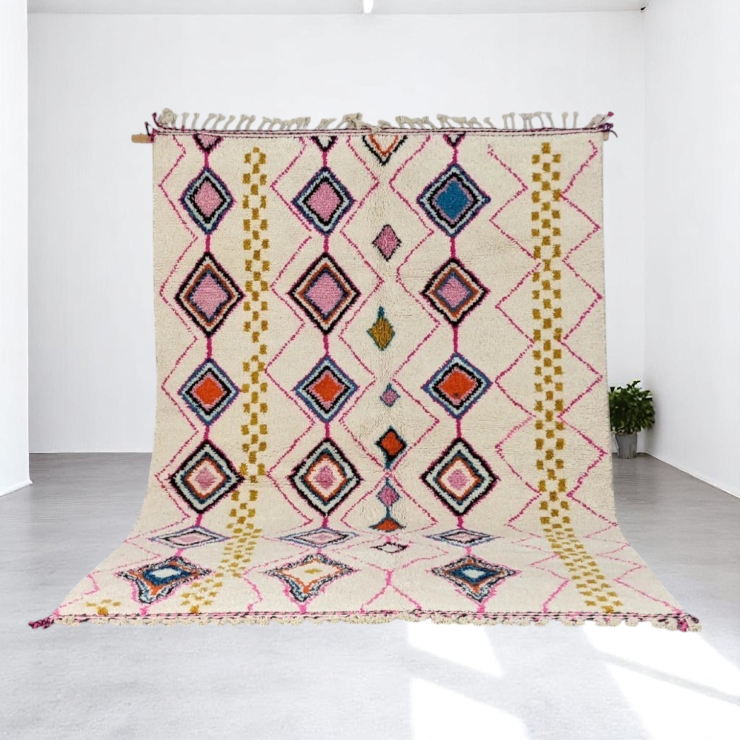 Handmade Moroccan Boucherouite Rug – Colorful Diamond Pattern – Berber Area Rug – Boho Home Decor – Unique Custom Wool Carpet