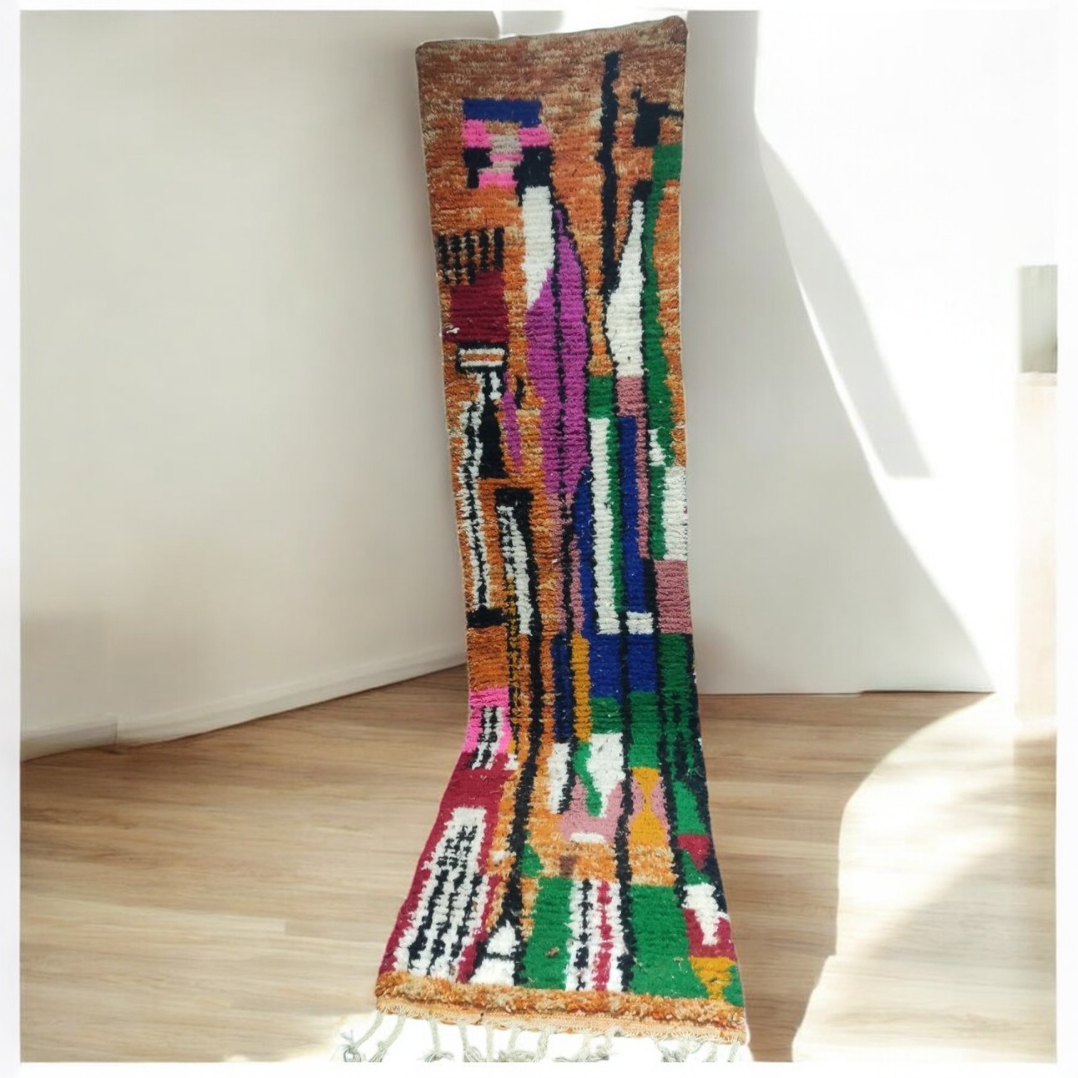 Handmade Moroccan Runner Rug – Colorful Abstract Hallway Carpet – Boucherouite Berber Rug – Custom Boho Wool Runner