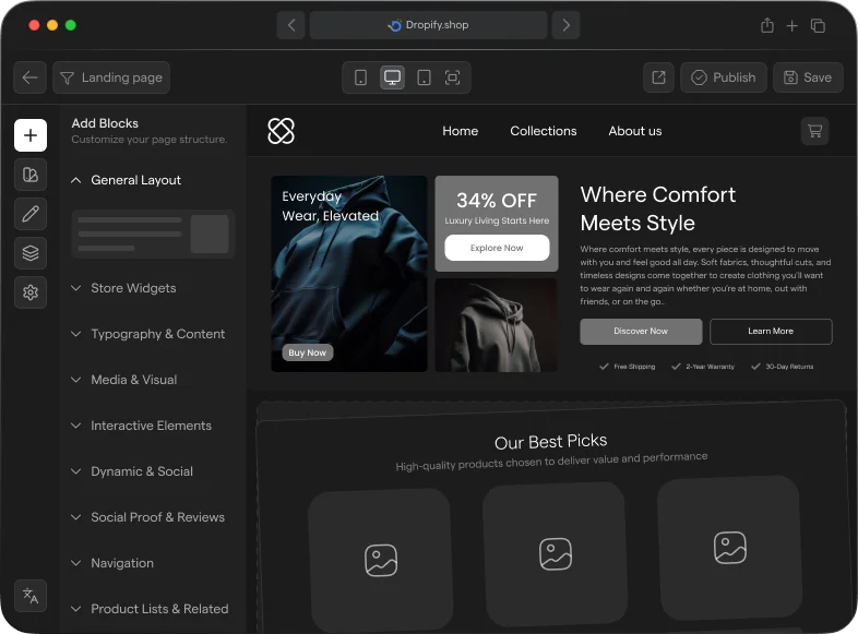 Dropify builder - Add Blocks and page structure