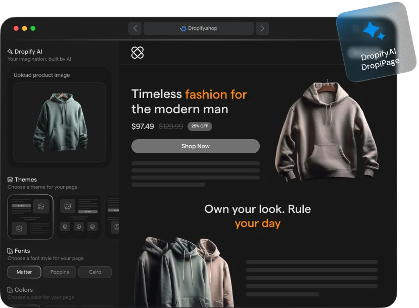 Dropify AI builder customisations - themes, fonts, colors
