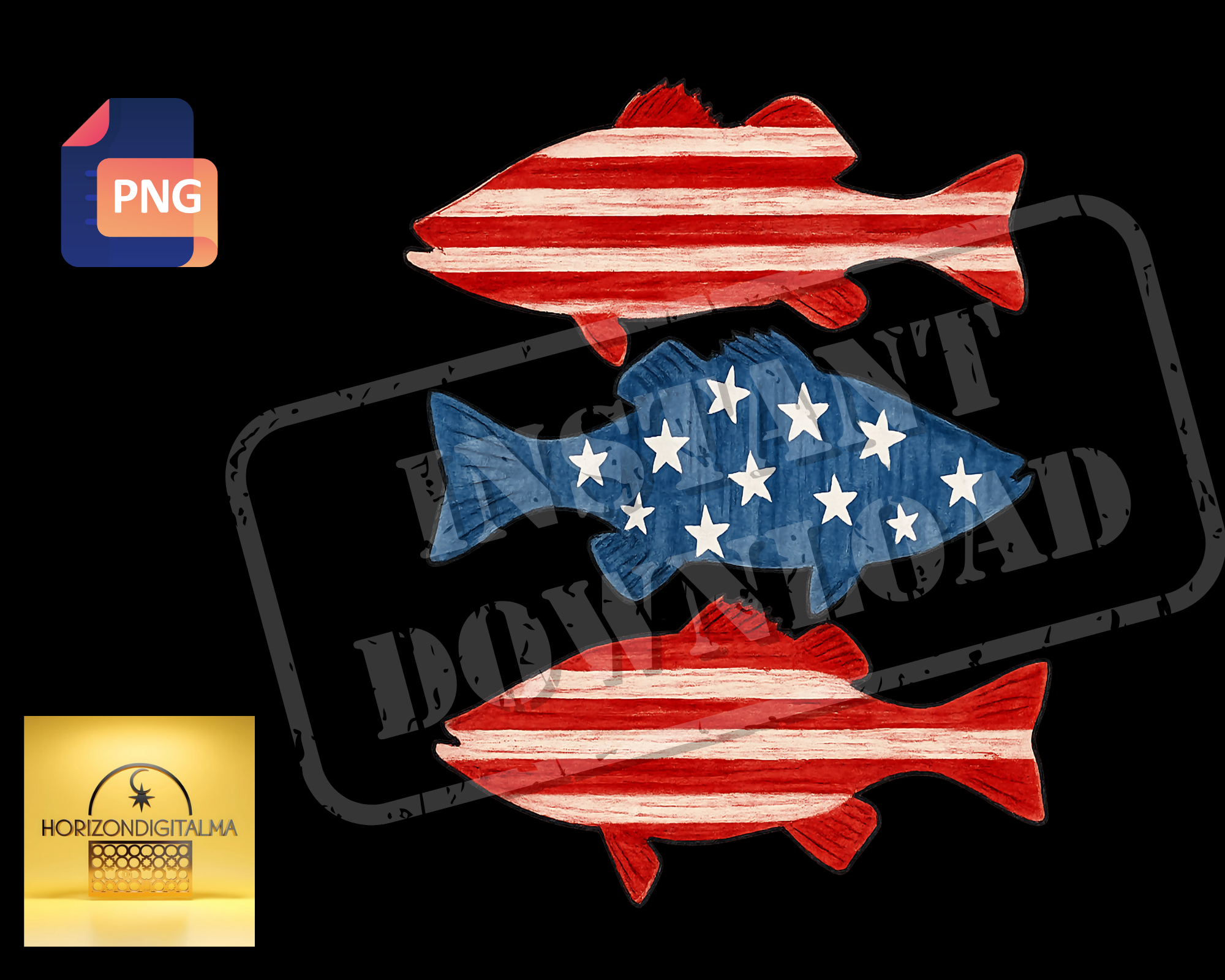 Patriotic Fish PNG | 4th of July Sublimation Design | American Flag Bass Clipart | USA Fishing Graphic for Shirts, Tumblers, Crafts