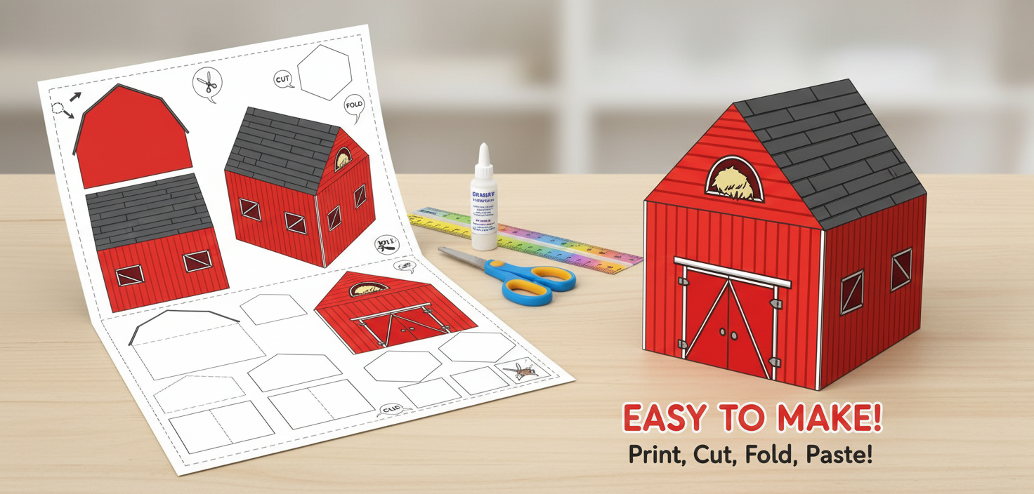 Printable 3D Barn Craft Template – Kids Cut, Fold & Glue Activity