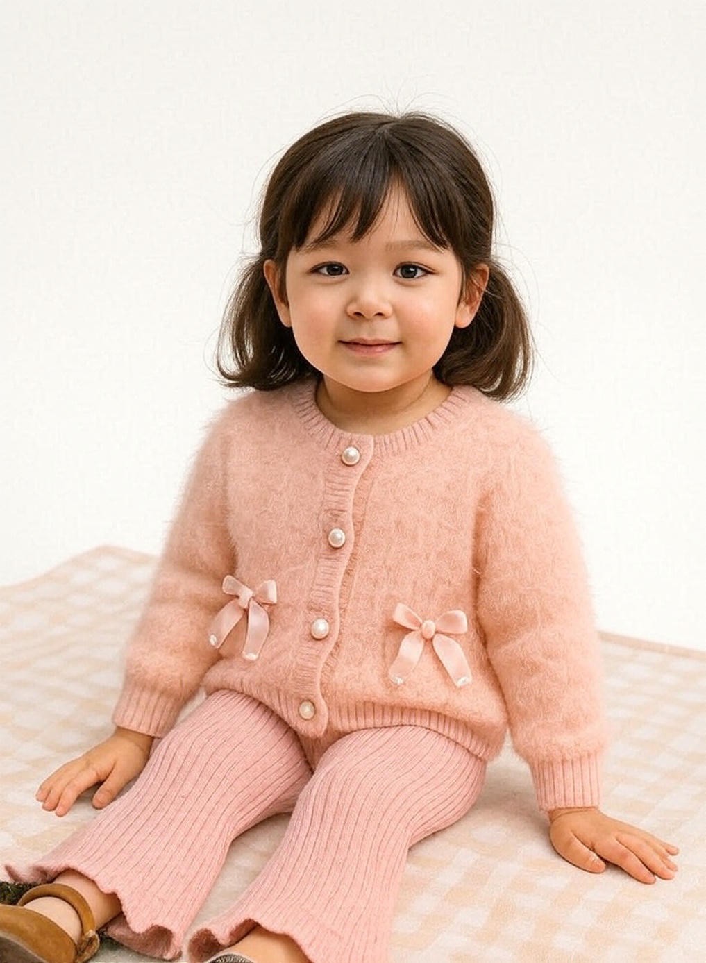 Ensemble tricoté bébé fille – Pull doux rose avec nœuds et pantalon assorti 🌸