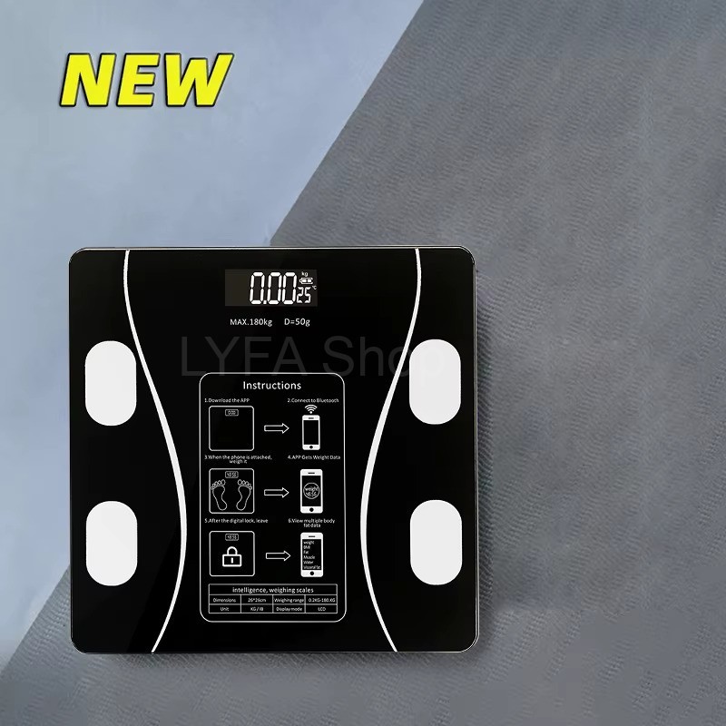 ميزان ذكي لتحليل الجسم والوزن بتقنية البلوتوث – شاشة LCD، زجاج مقوى، يدعم التطبيق، أقصى وزن 180 كغ