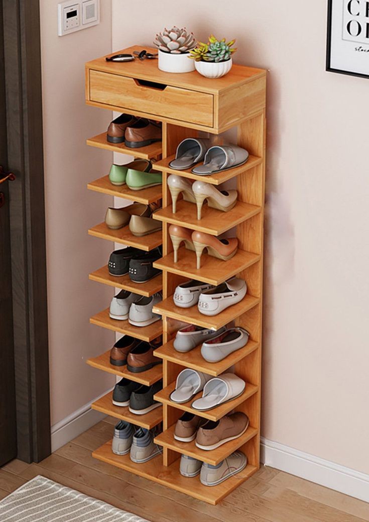 Étagère à Chaussures Verticale au Design Scandinave – 10 Niveaux avec Tiroir de Rangement Intégré