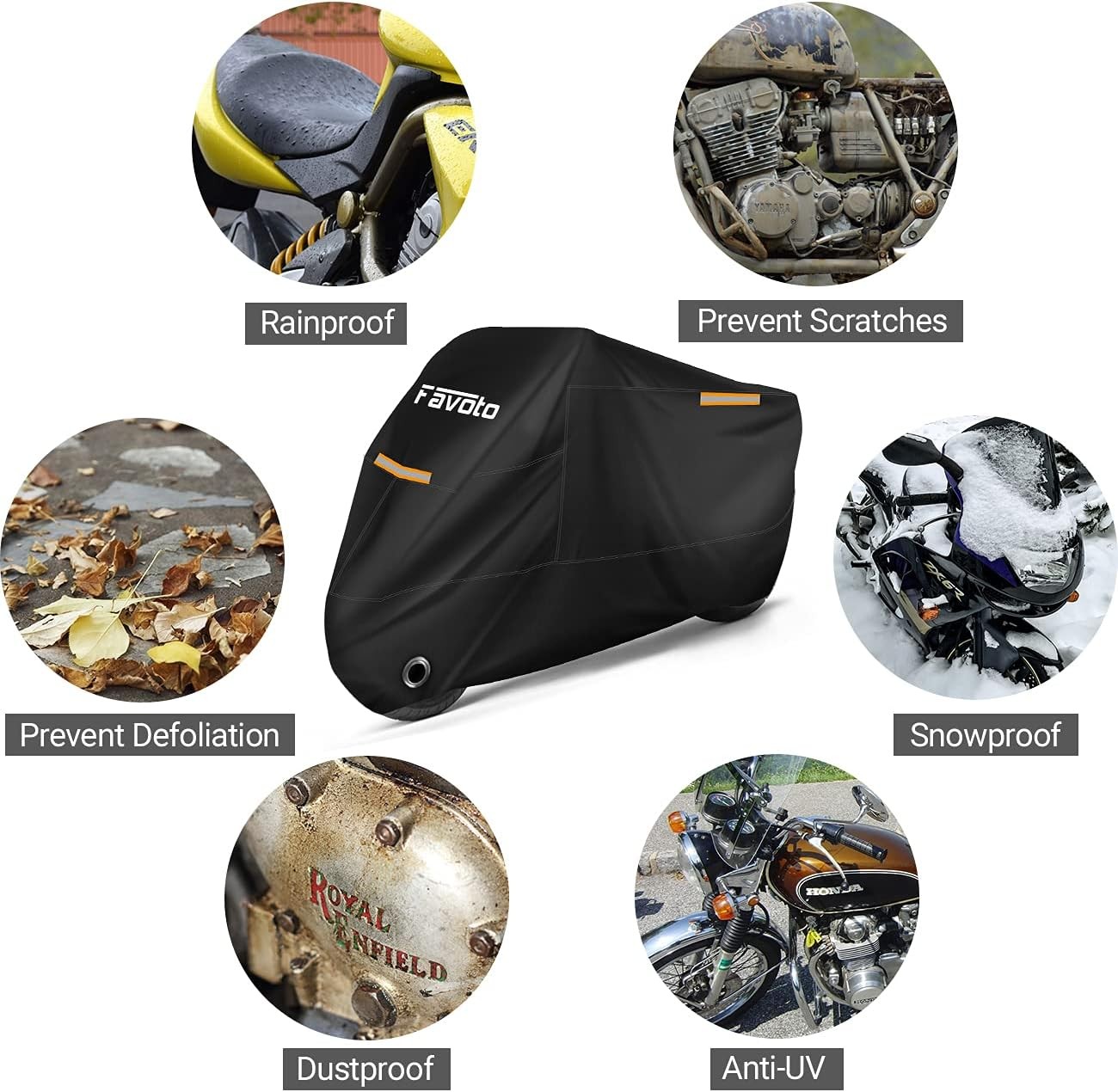 Housse moto FAVOTO : résistante toutes saisons, imperméable, protège du soleil, avec bandes réfléchissantes, trous pour cadenas et sac de rangement. Convient jusqu'à 245 cm