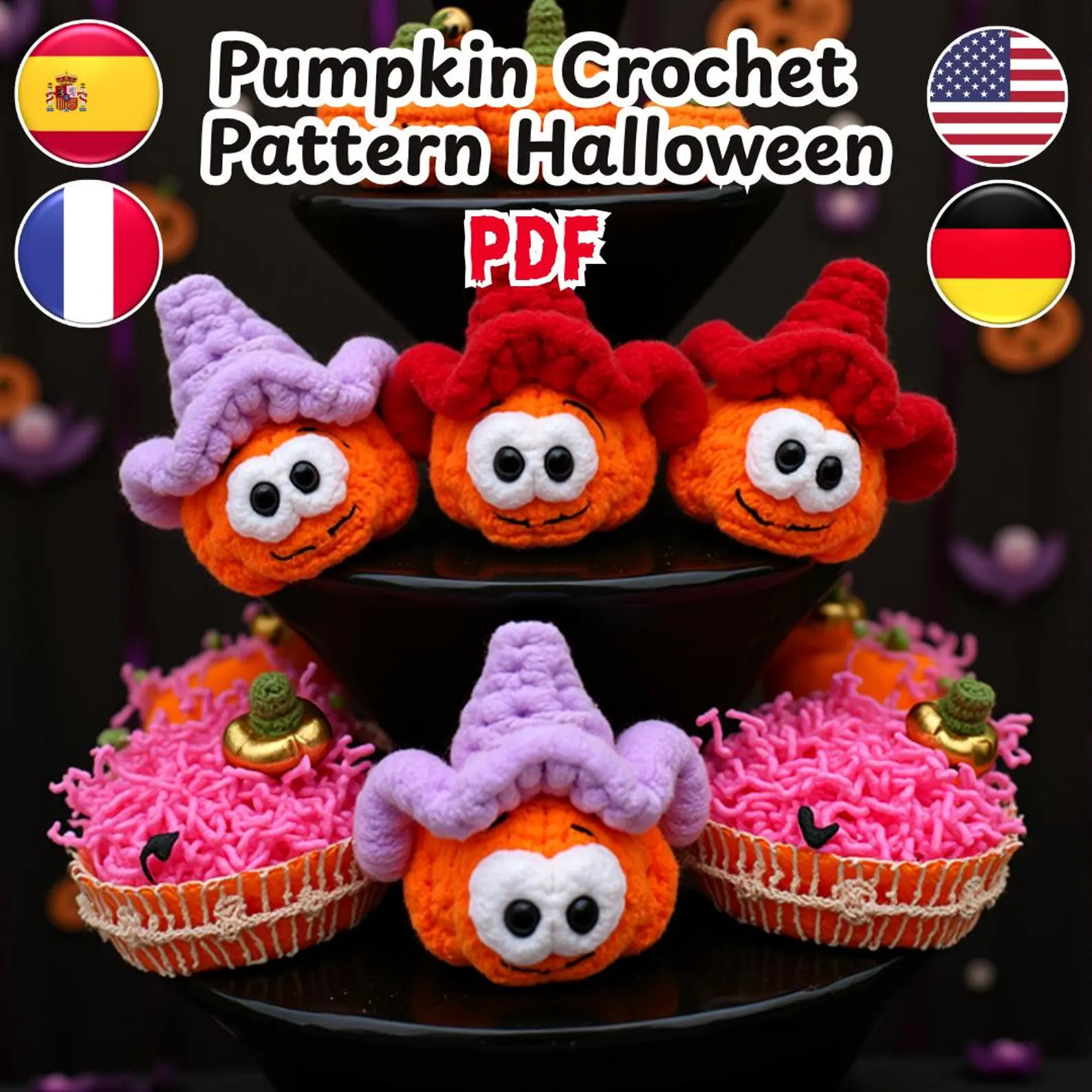 Pumpkin Crochet Pattern PDF | Halloween Plush Toy | Amigurumi Pumpkin with Witch Hat | 4 PDF Files | Beginner Fall Crochet