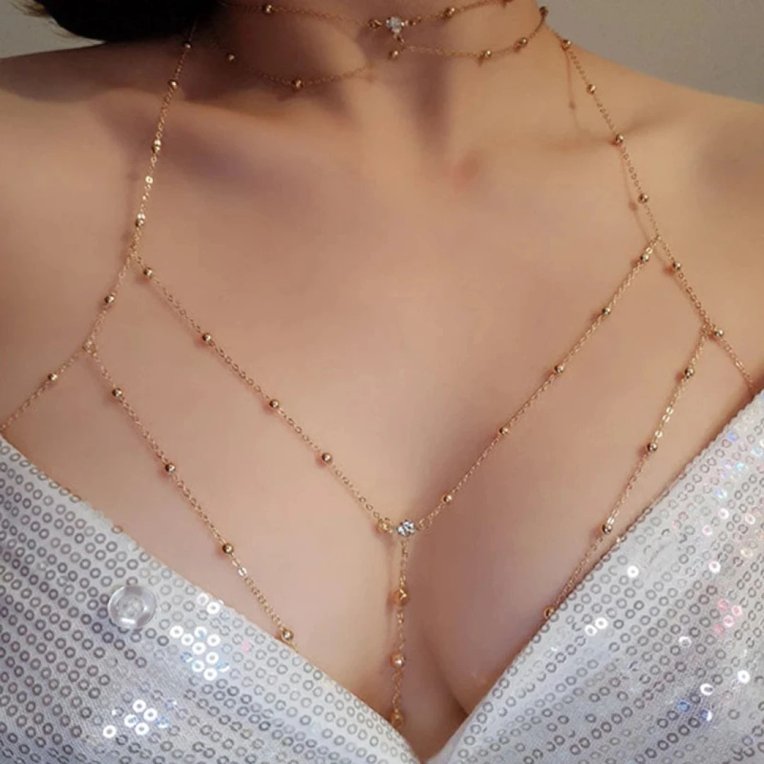 Gold - Metal Body Chain Necklace Ladies Rhinestones Pendant Tassel