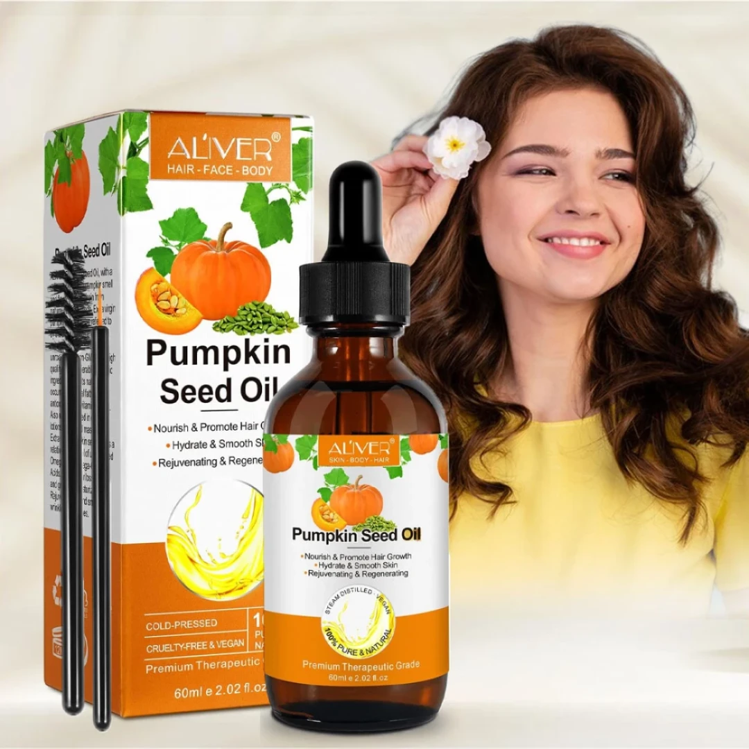 زيت بذور اليقطين لتعزيز نمو الشعر وترطيب البشرة - ALIVER 100% Pure Cold Pressed Moisturizer Smooth Skin Organic Pumpkin Seed Oil Boost Hair Growth for Eyelashes,Eyebrows &amp; Hair