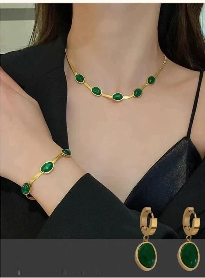 Green Crystal Necklace Set + Free ( Bracelet - Earrings )