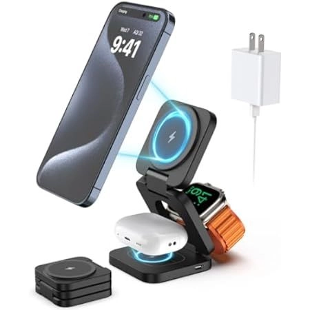 3 In 1 Foldable Magnetic Wireless Charger Stand For iPhone 15, 14, 13 Pro/Max/Plus, AirPods 3/2 Station Dock Fast Charger Holder