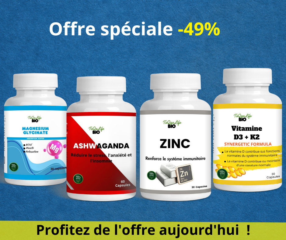 Pack TaQaLife BIO Ashwagandha + Magnesium Glycinate + zinc + Vitamine D3 + K2