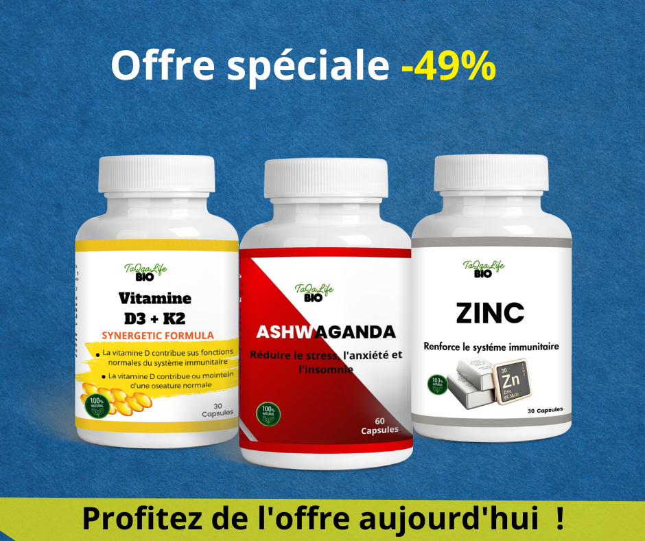 Pack TaQaLife BIO Ashwagandha + Vitamine D3.K2 + ZINC