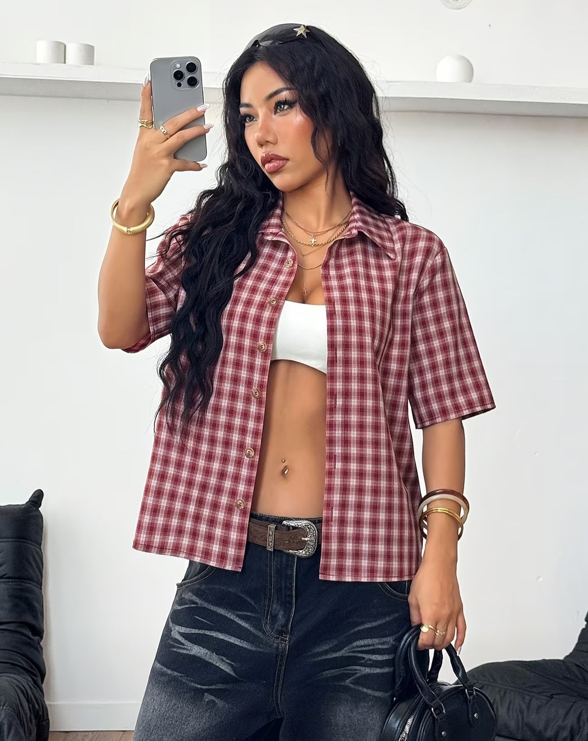 Red Plaid Short-Sleeve Shirt – M