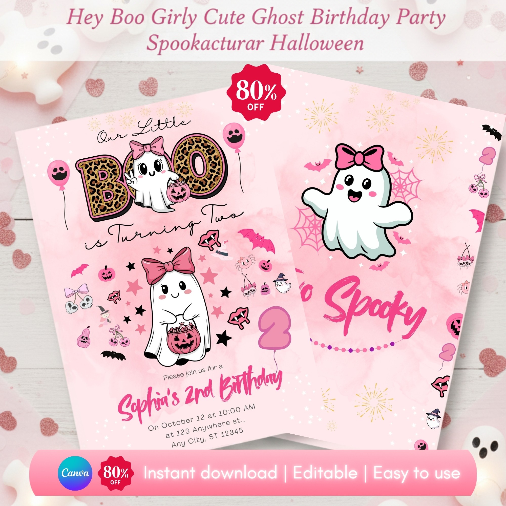 Editable Little Boo is Turning Two Invitation, Two Spooky Halloween 2nd Birthday Party, Girl 2nd Birthday Halloween Party, Canva Template