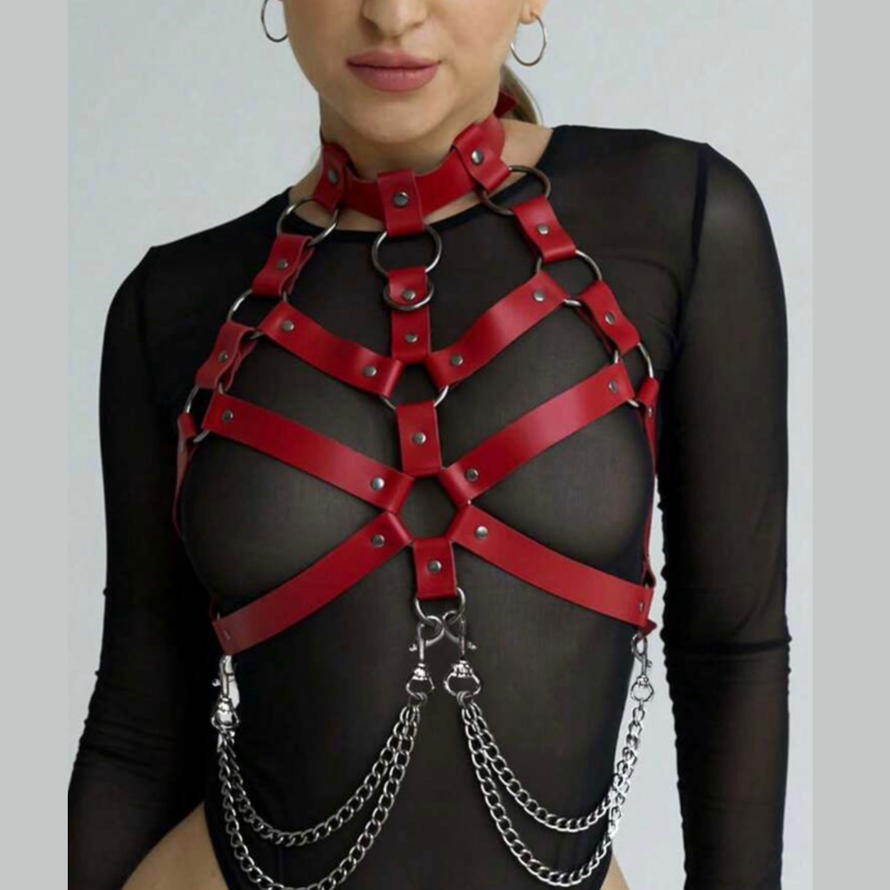 harnais rouge avec des accessoires en metal